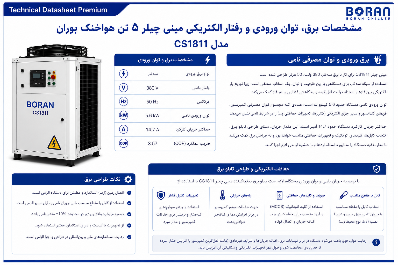 برق مصرفی و الزامات الکتریکی مینی چیلر 5 تن هواخنک صابکول