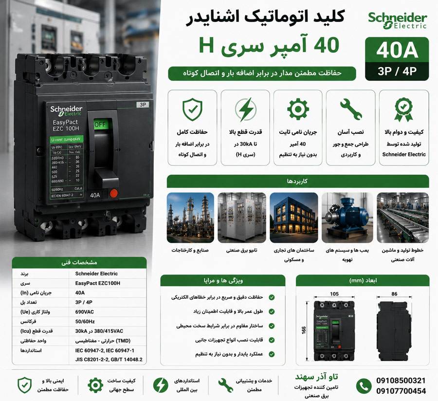 dfyhftsh کلید اتوماتیک اشنایدر 40 آمپر سری H