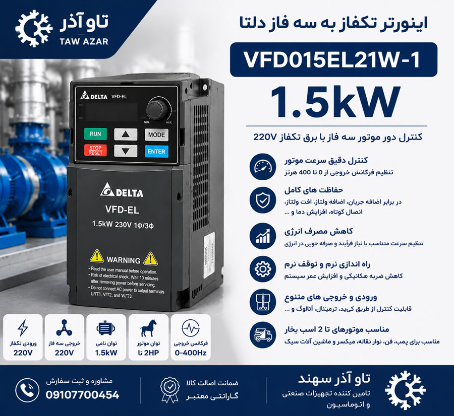xfcbzxfb اینورتر تکفاز 1.5kW دلتا VFD015EL21W-1